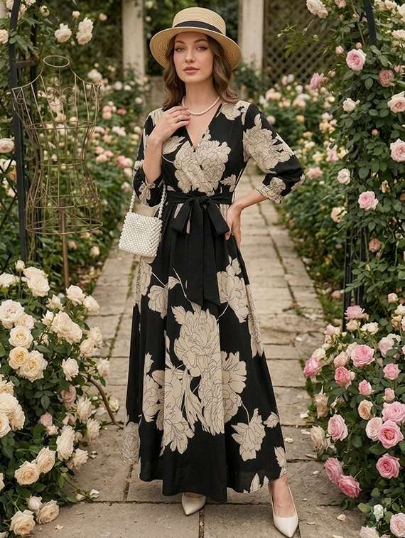 women printed puff sleeve maxi dress