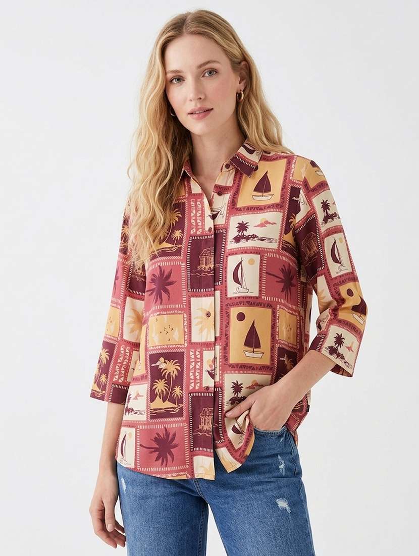 women printed collared regular shirt