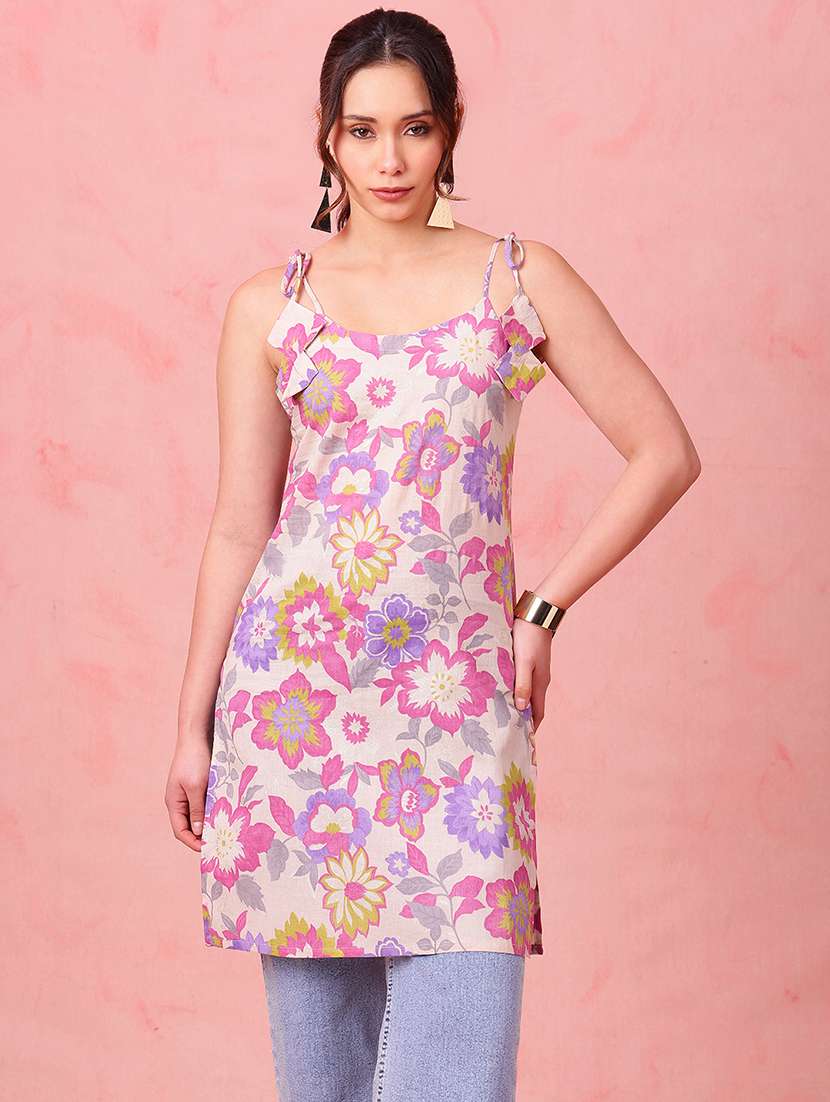 women printed shoulder strap straight kurti