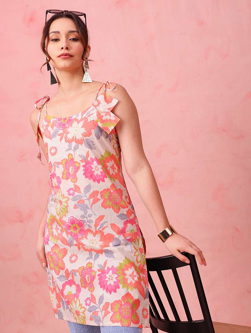 women printed shoulder strap straight kurti