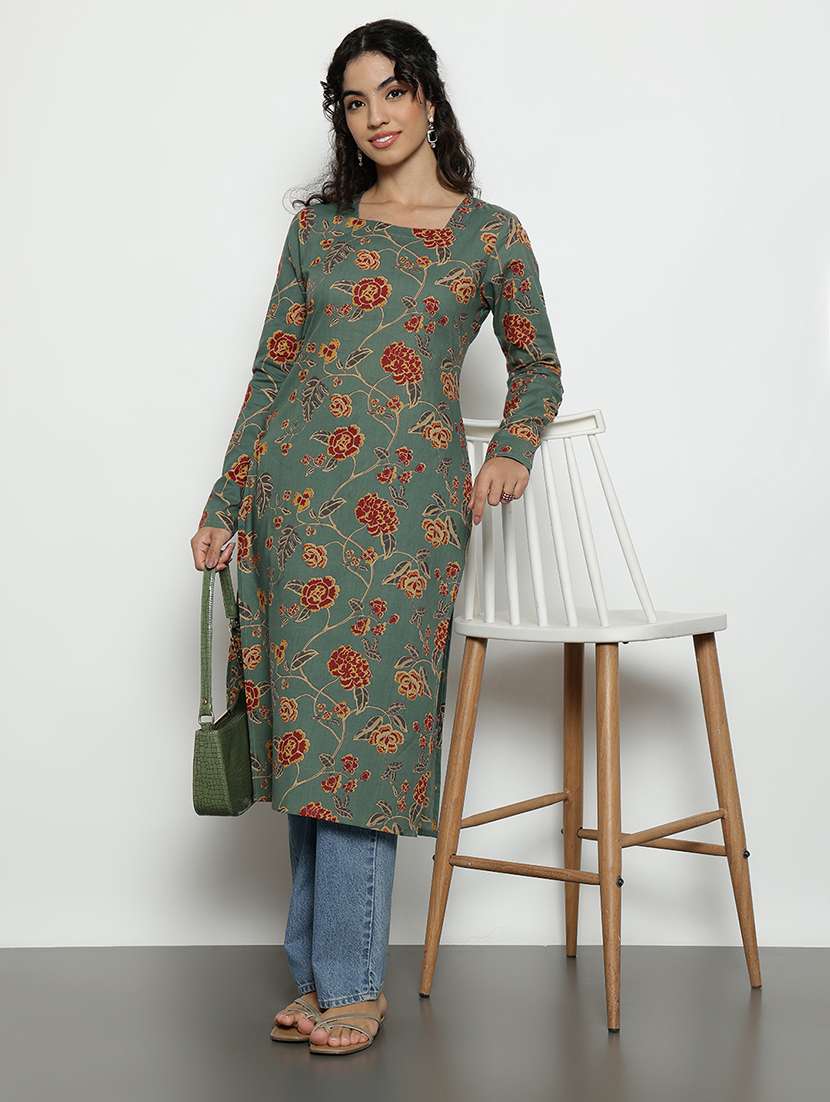 women printed long sleeves straight kurta