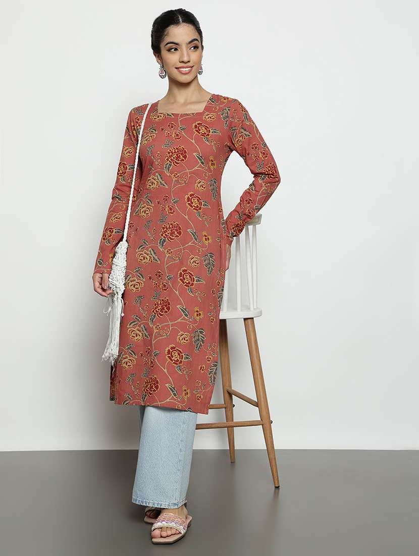 women printed long sleeves straight kurta