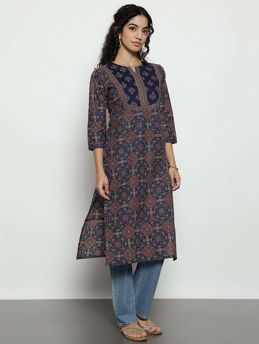 women printed three quarter sleeves straight kurta - 22540263 -  Standard Image - 3