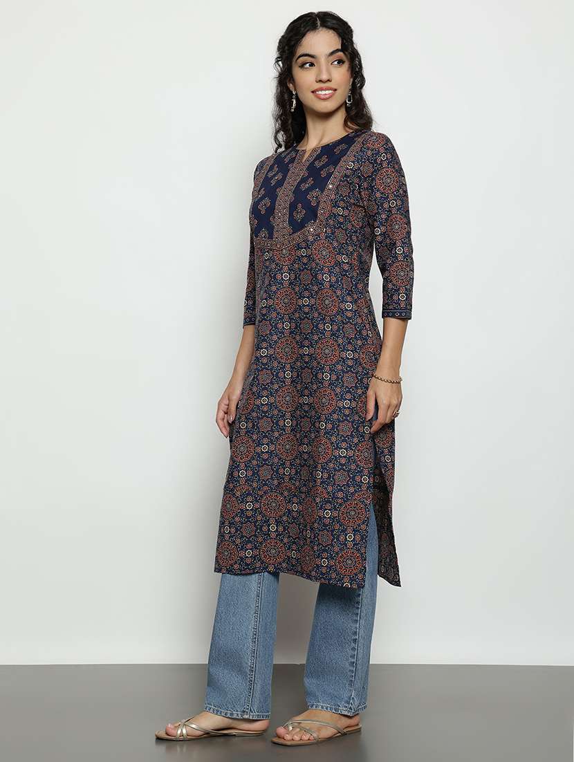 women printed three quarter sleeves straight kurta - 22540263 -  Standard Image - 5