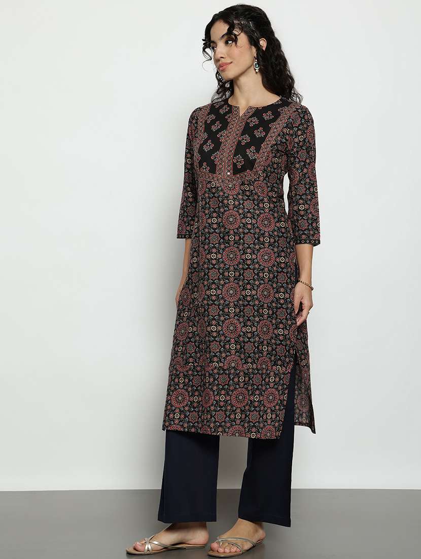 women printed three quarter sleeves straight kurta - 22540264 -  Standard Image - 3