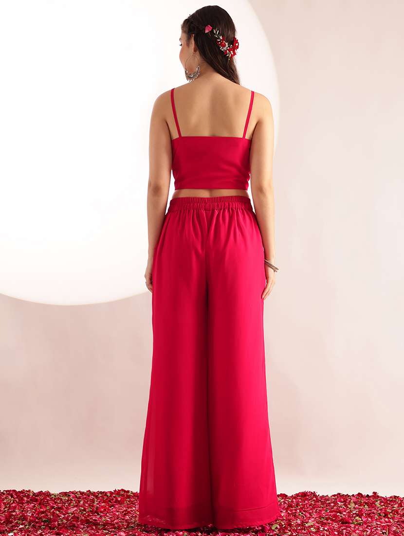 women embroidered shoulder strap top and palazzo fusion set - 22540272 -  Standard Image - 5