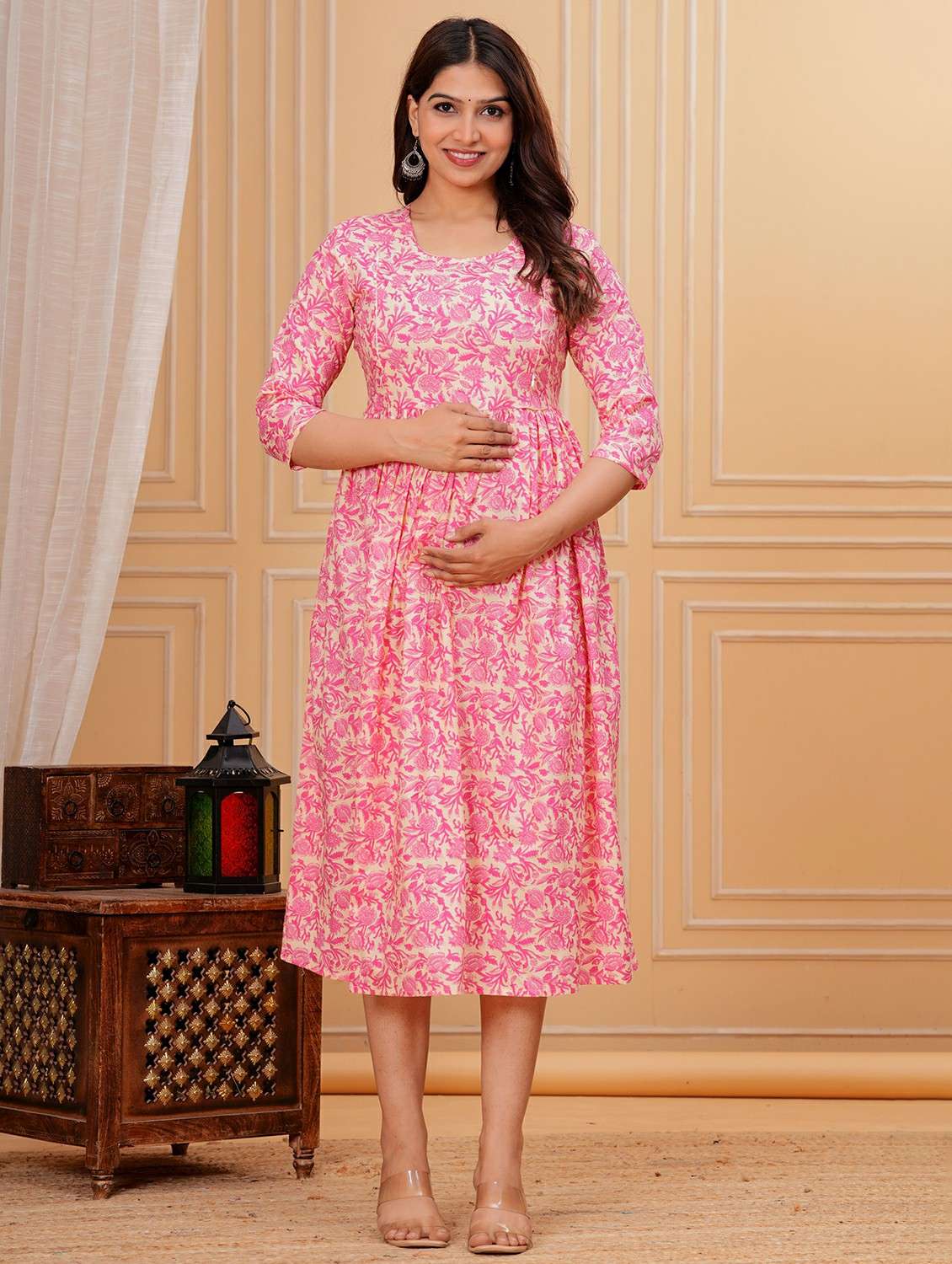 women printed three quarter sleeve maternity wear dress