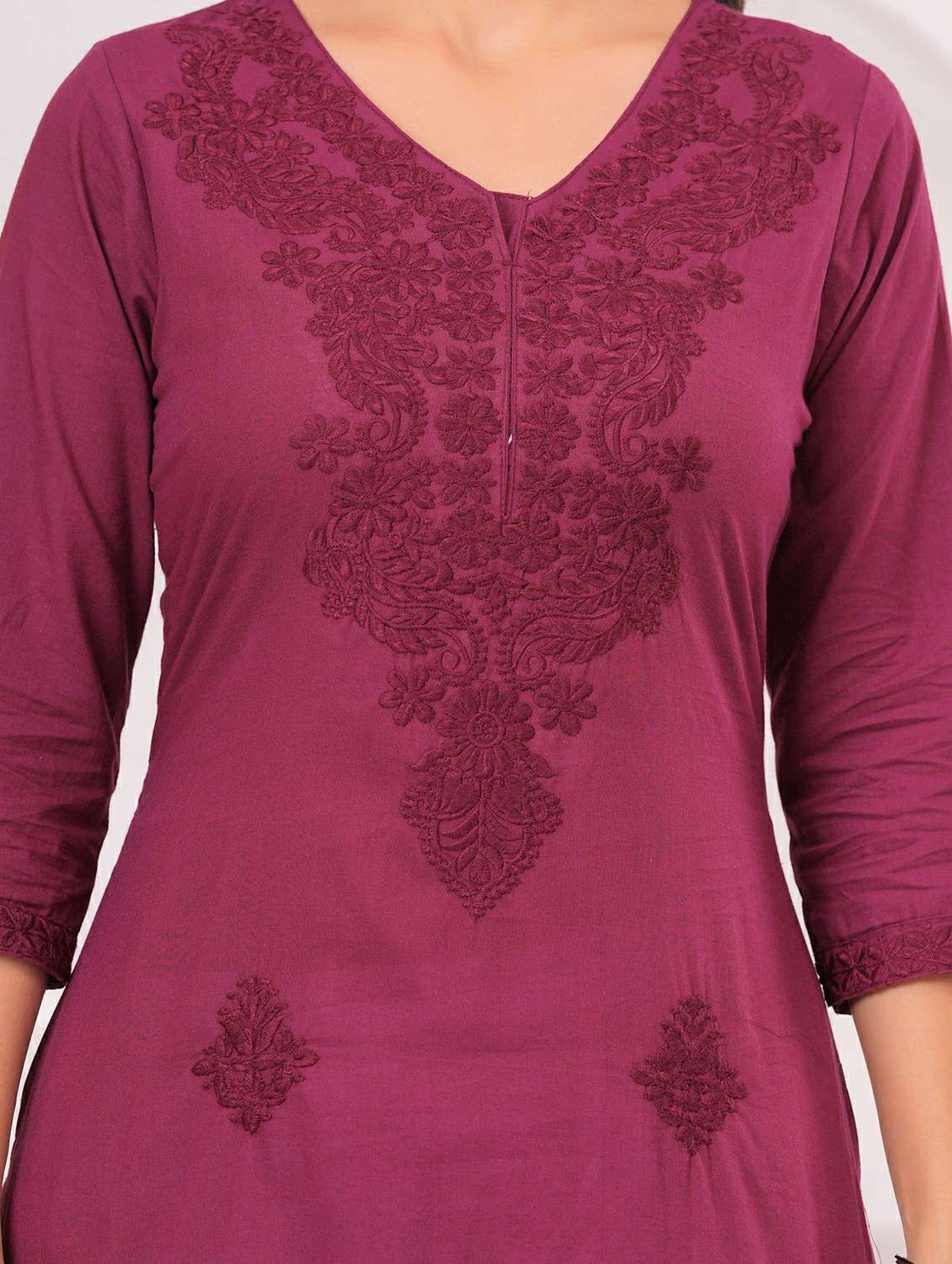 women solid with work three quarter sleeve straight kurta - 22540314 -  Standard Image - 3