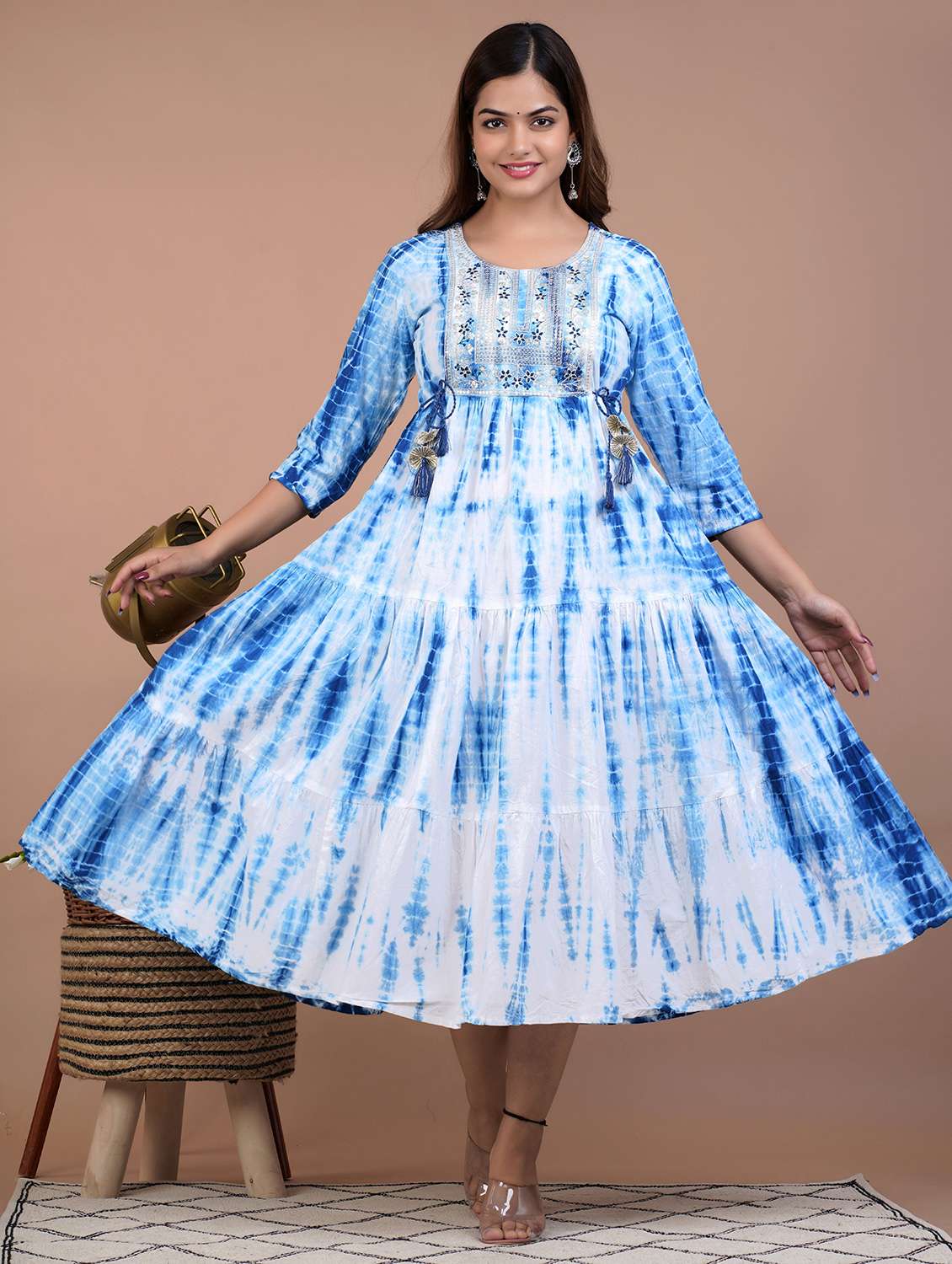 women tie & dye printed three quarter sleeve ethnic dress