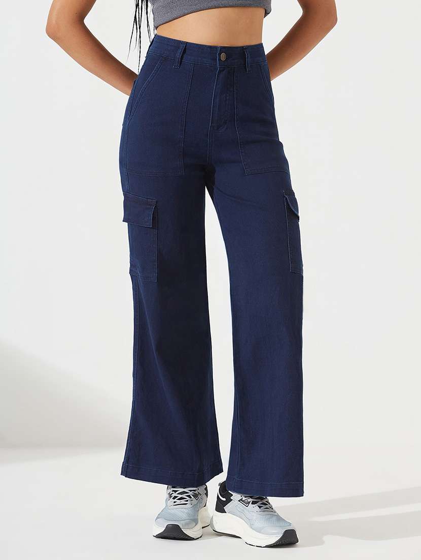 women solid high rise cargo jeans
