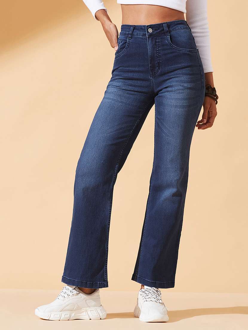 women solid high rise straight jeans