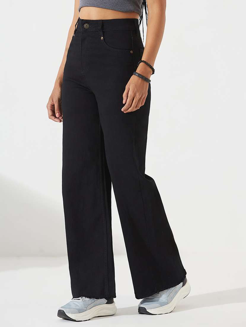 women solid high rise wide leg jeans