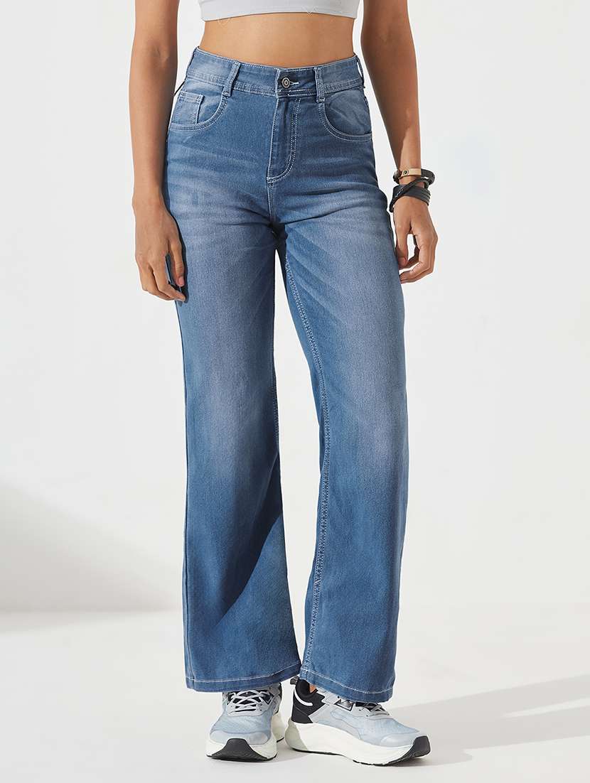 women solid high rise straight fit jeans