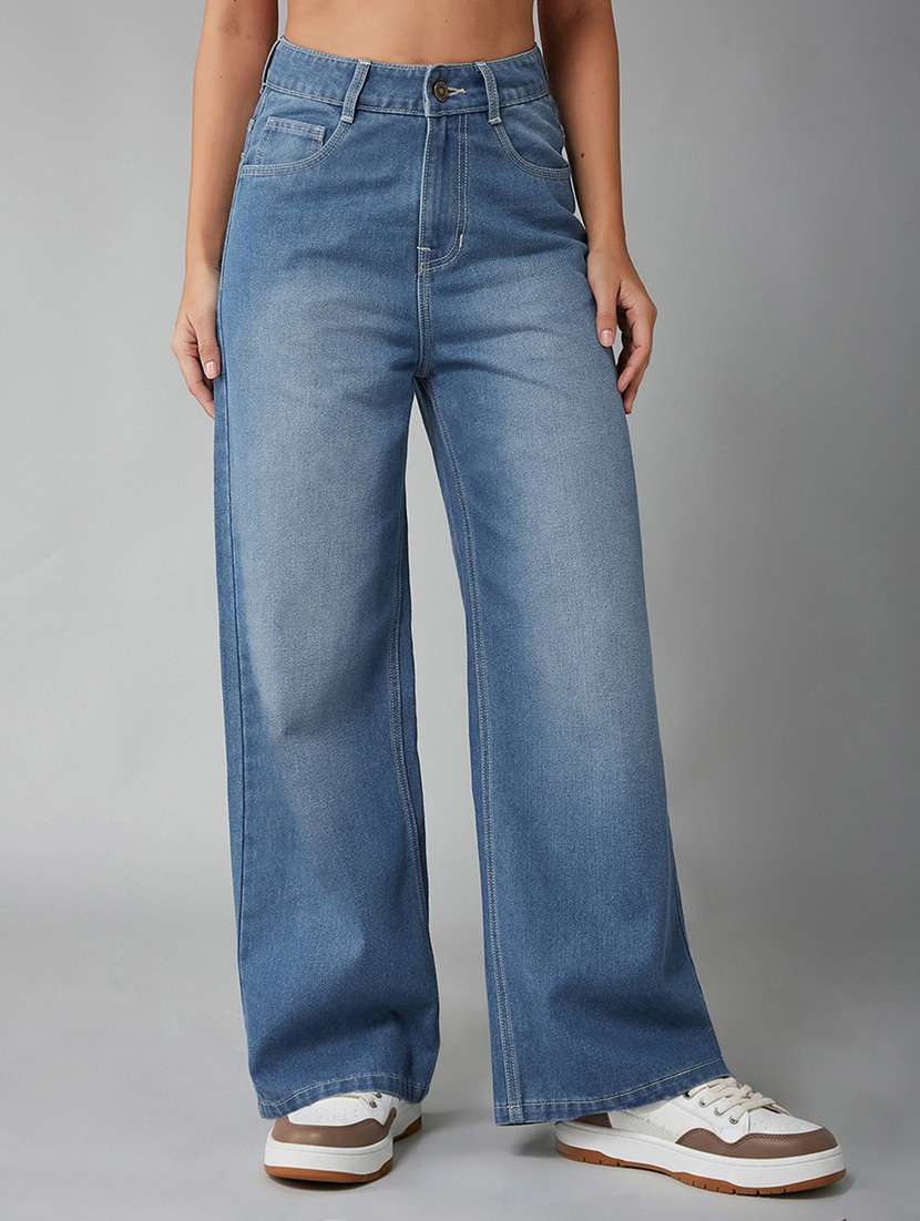 women washed high rise wide leg jeans