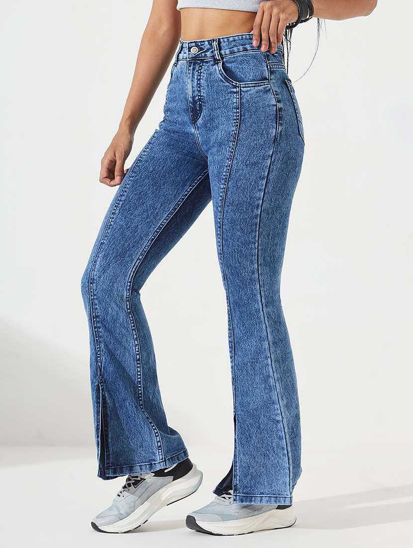 women washed high rise bootcut jeans