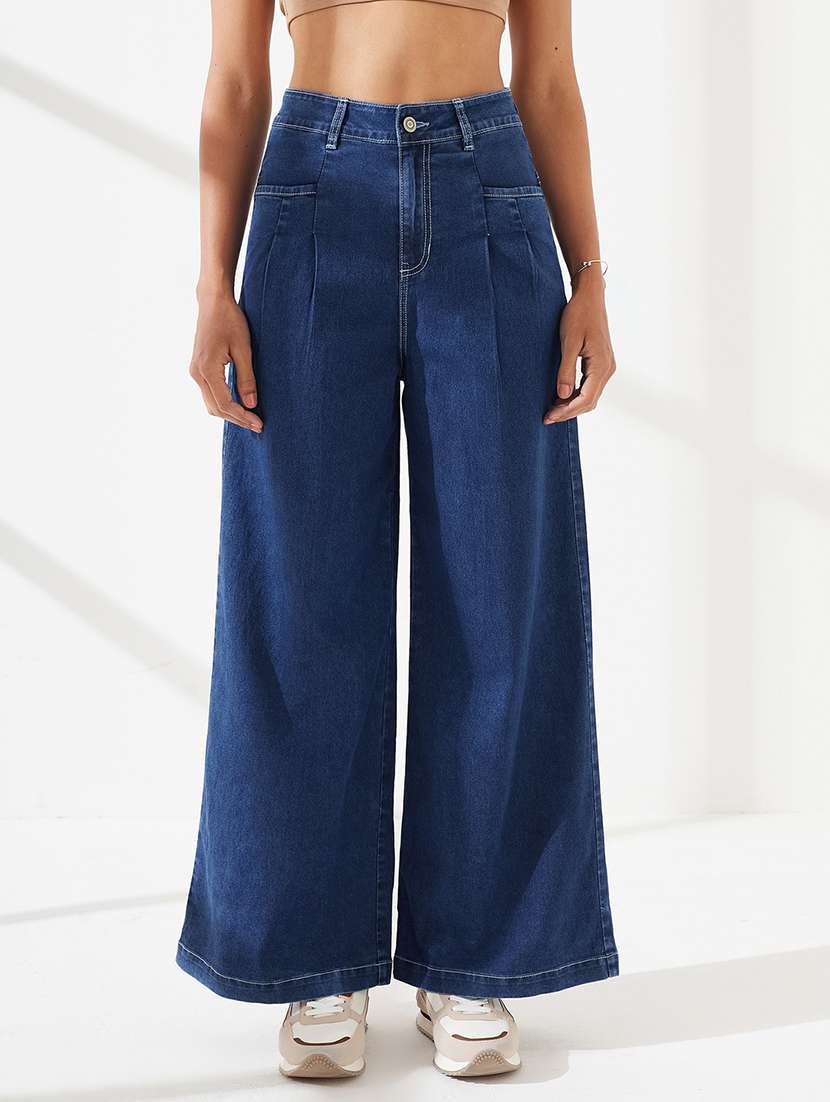 women solid high rise wide leg jeans