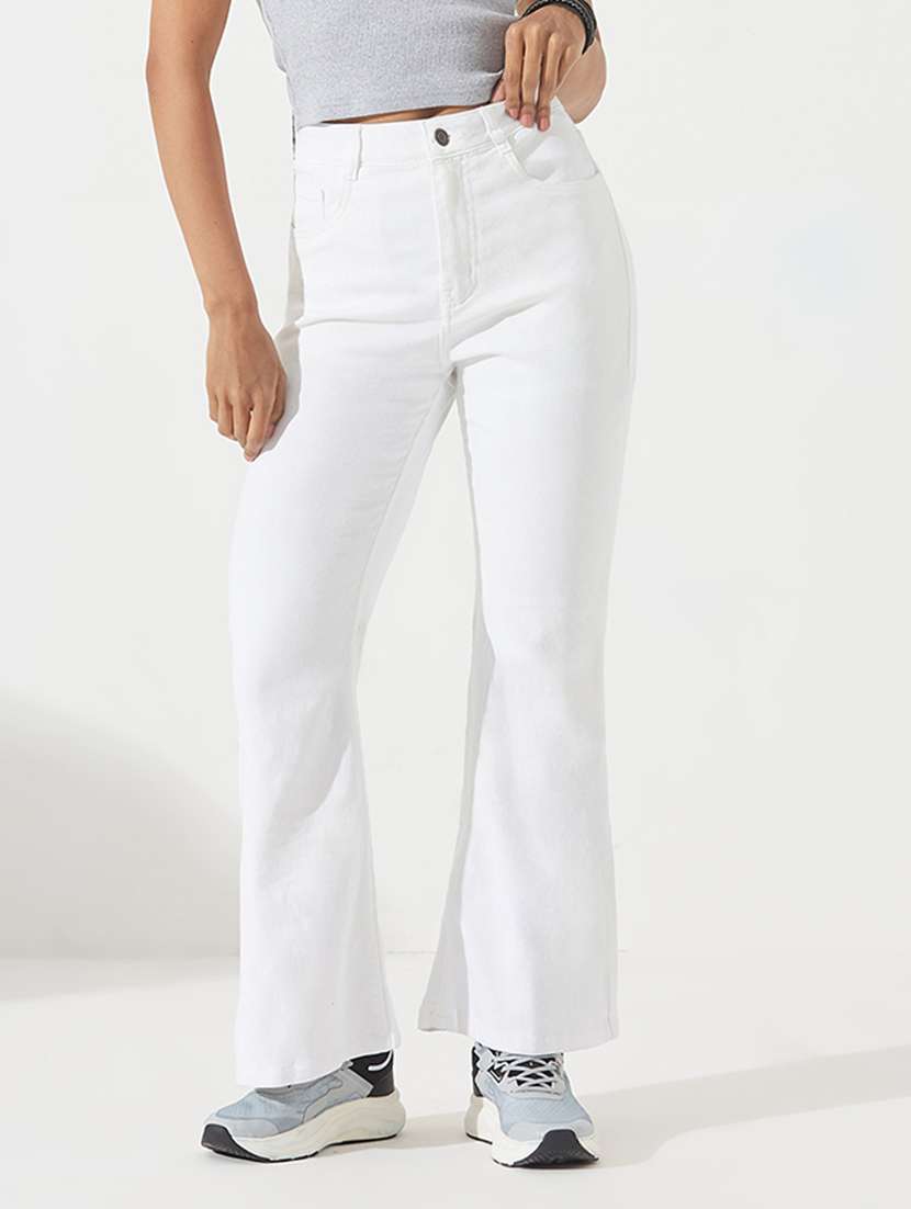 women solid high rise bootcut jeans
