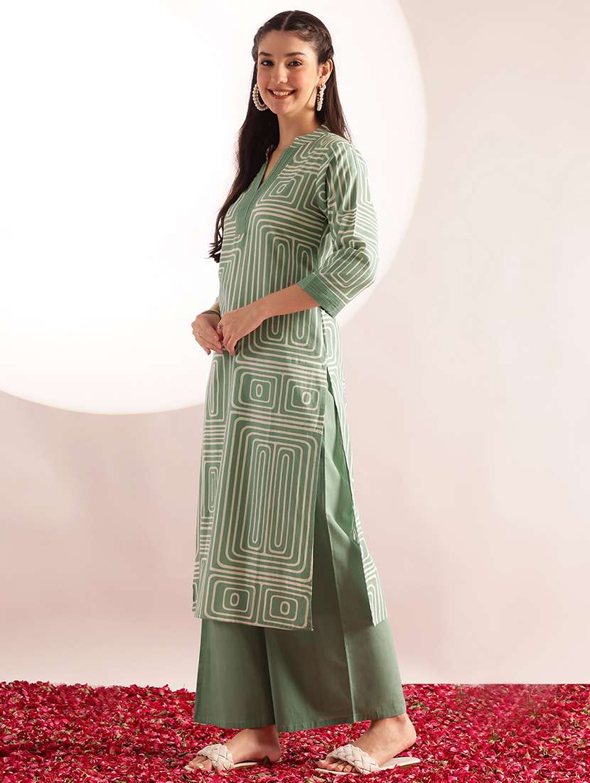 women printed three quarter sleeves kurta palazzo set - 22540457 -  Standard Image - 3
