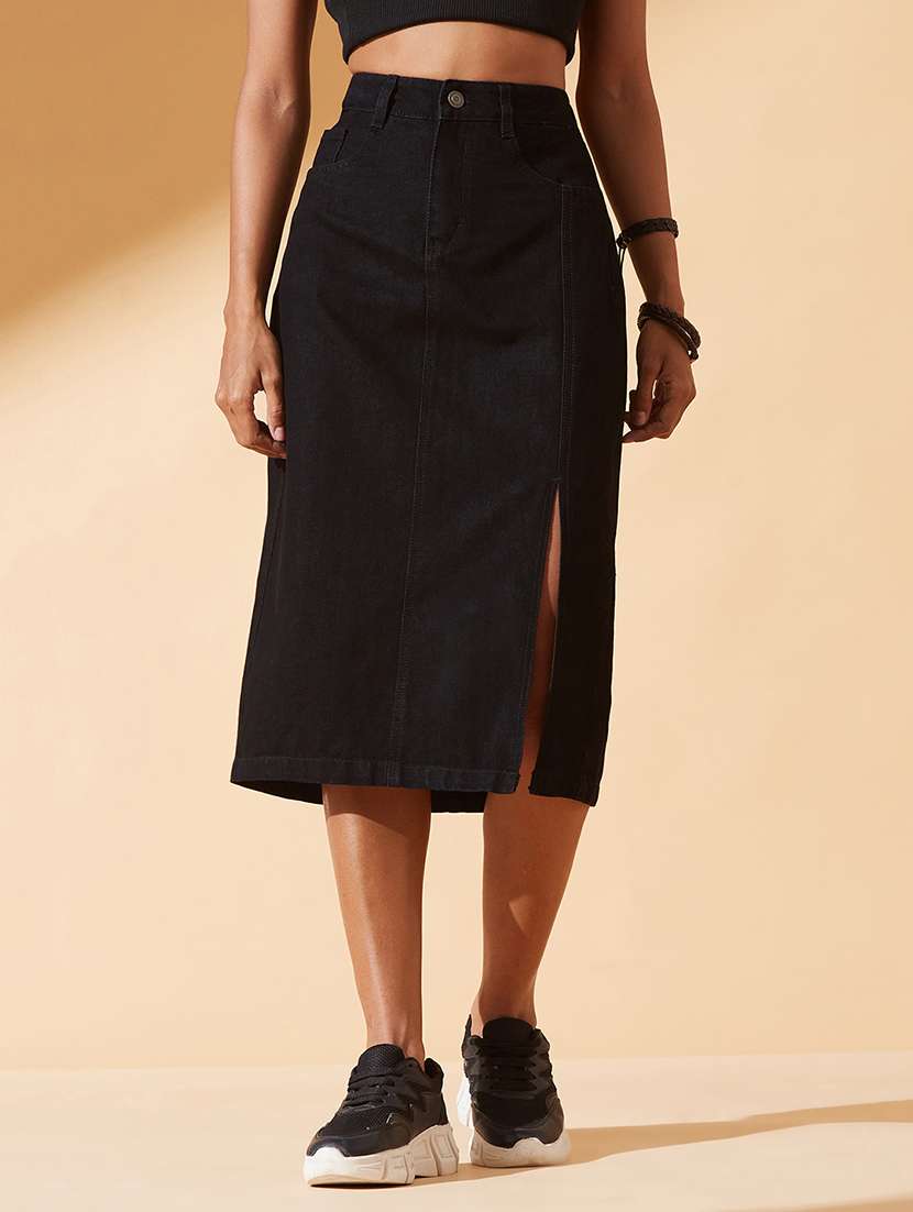 women solid high rise denim skirt