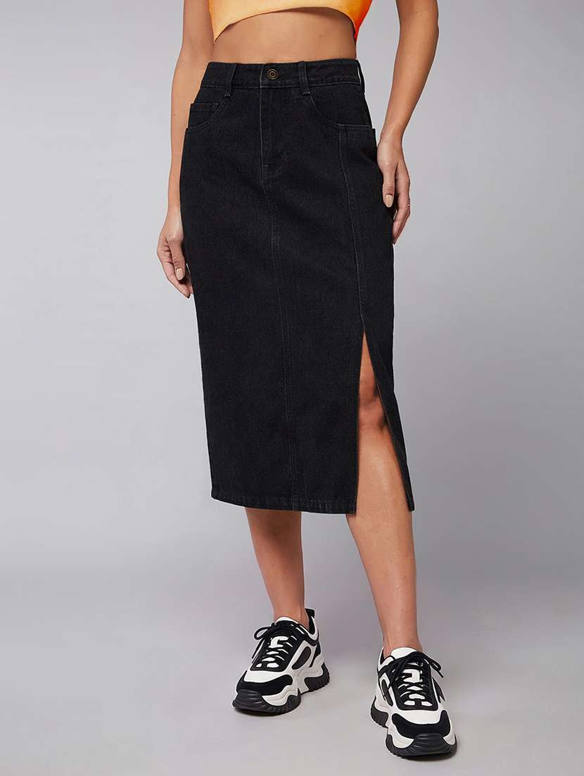 women solid high rise denim skirt