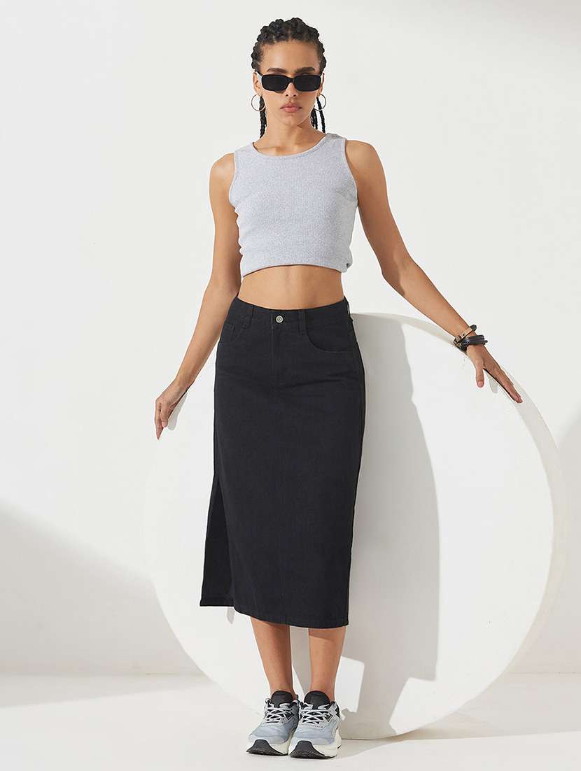 Women Solid High Rise Denim Skirt - 22540501 -  Standard Image - 3