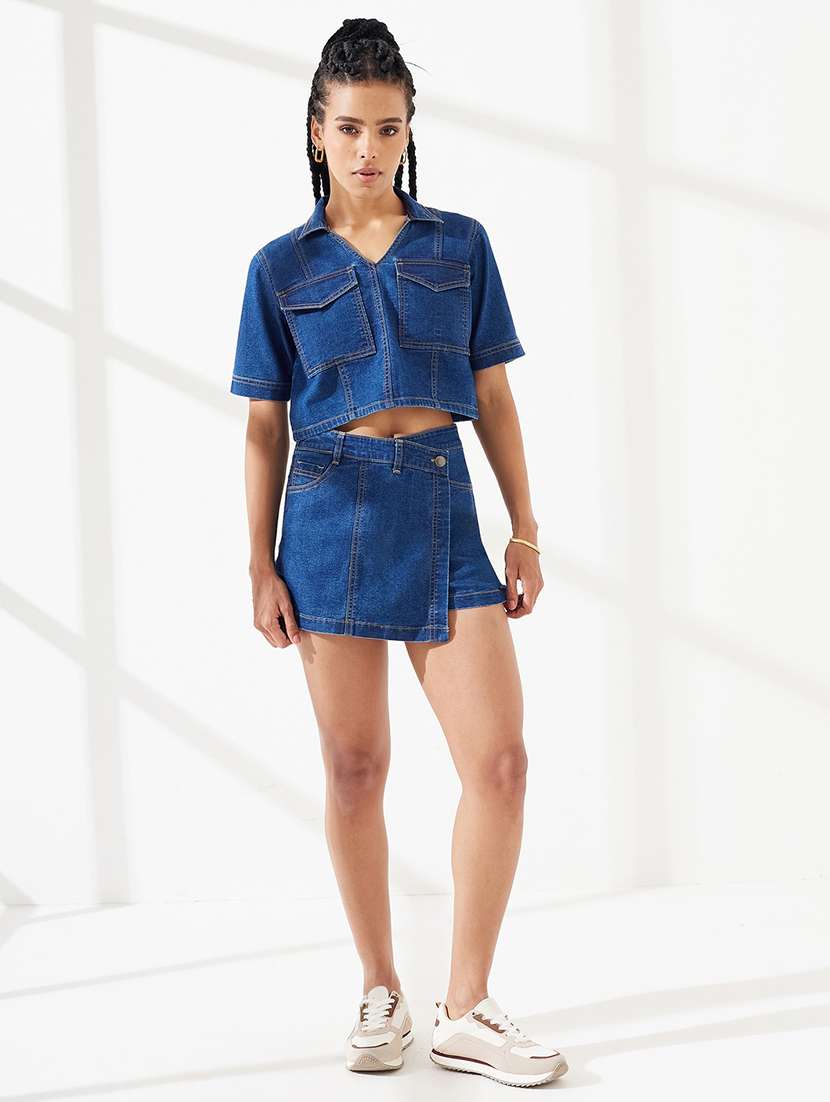 women solid short sleeves top and skort co-ord set