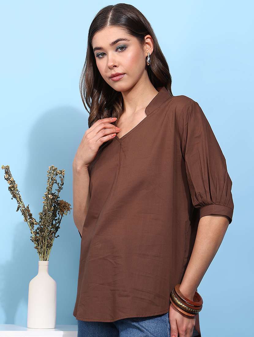 women solid mandarin neck regular top - 22540547 -  Standard Image - 3