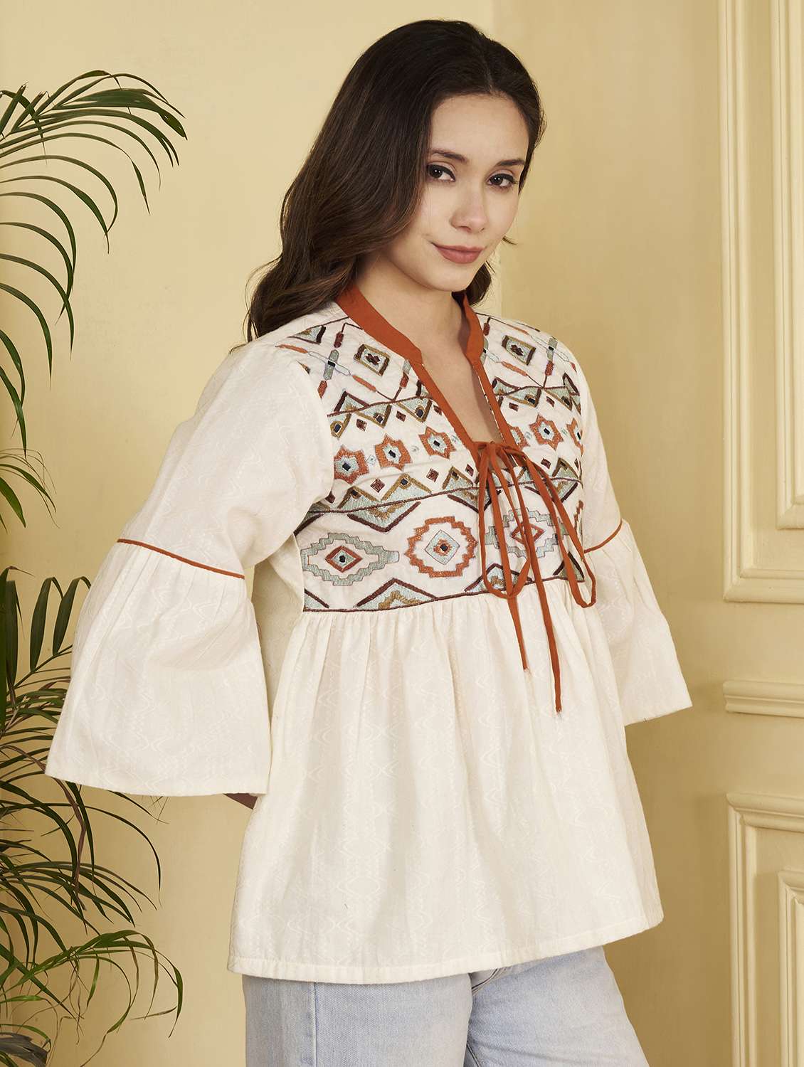 women self design bell sleeves a-line top