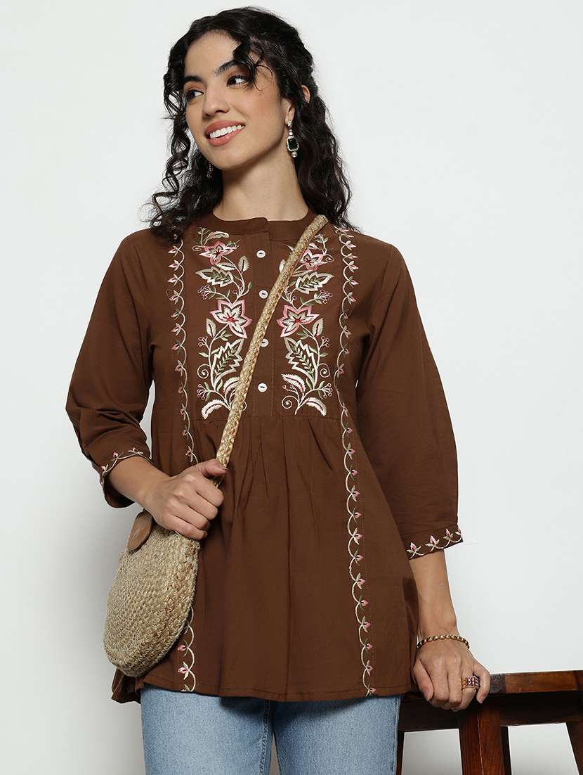 women embroidered three quarter sleeves a-line tunic