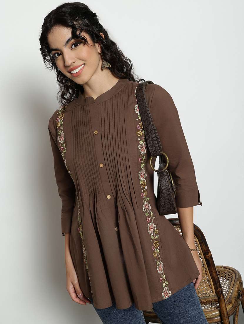 women embroidered three quarter sleeves a-line tunic