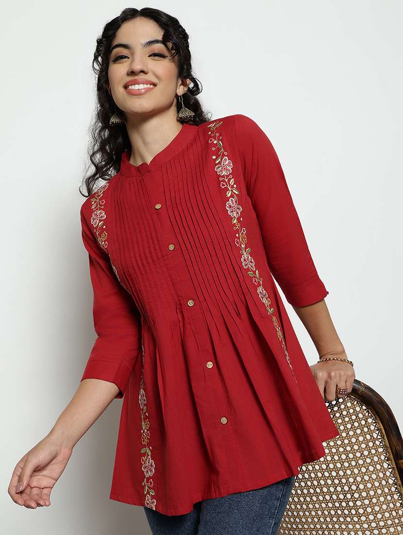 women embroidered three quarter sleeves a-line tunic