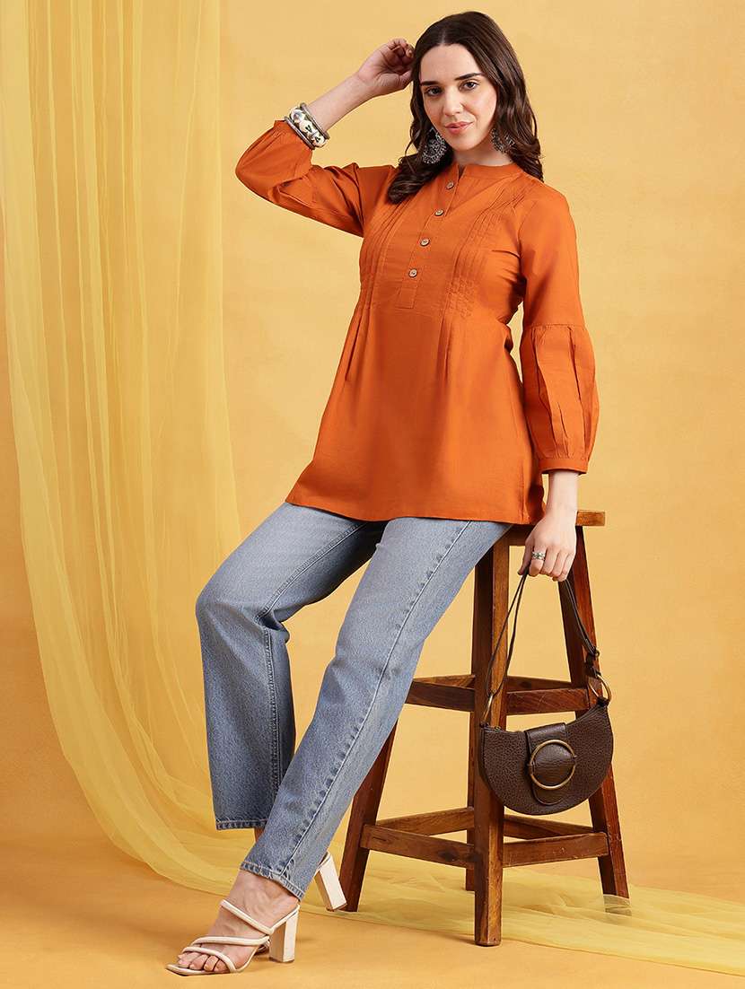 women solid three quarter sleeves a-line tunic - 22540571 -  Standard Image - 5