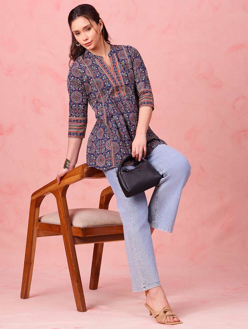 women printed three quarter sleeves a-line tunic - 22540573 -  Standard Image - 5