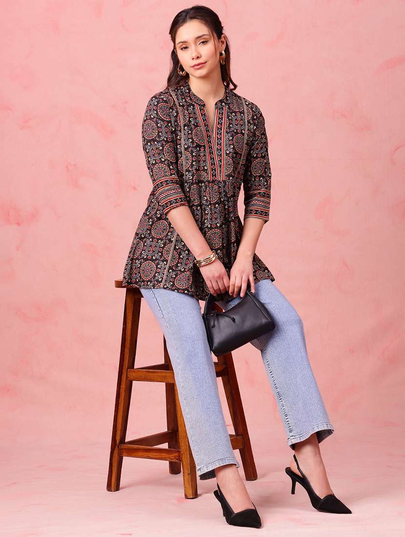 women printed three quarter sleeves a-line tunic - 22540574 -  Standard Image - 5