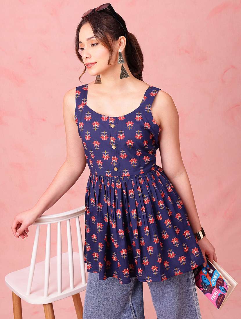 women printed sleeveless peplum tunic