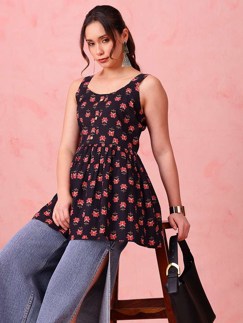 women printed sleeveless peplum tunic