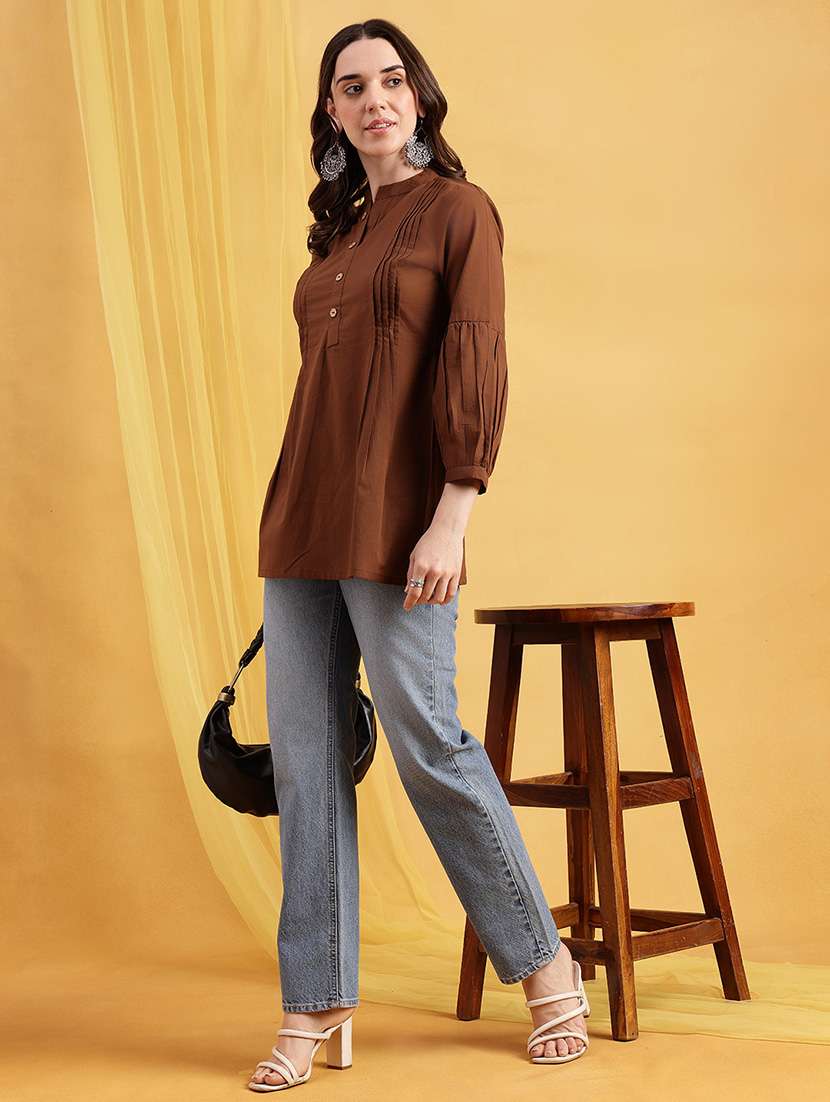 Women Solid Three Quarter Sleeves A-line Tunic - 22540598 -  Standard Image - 5