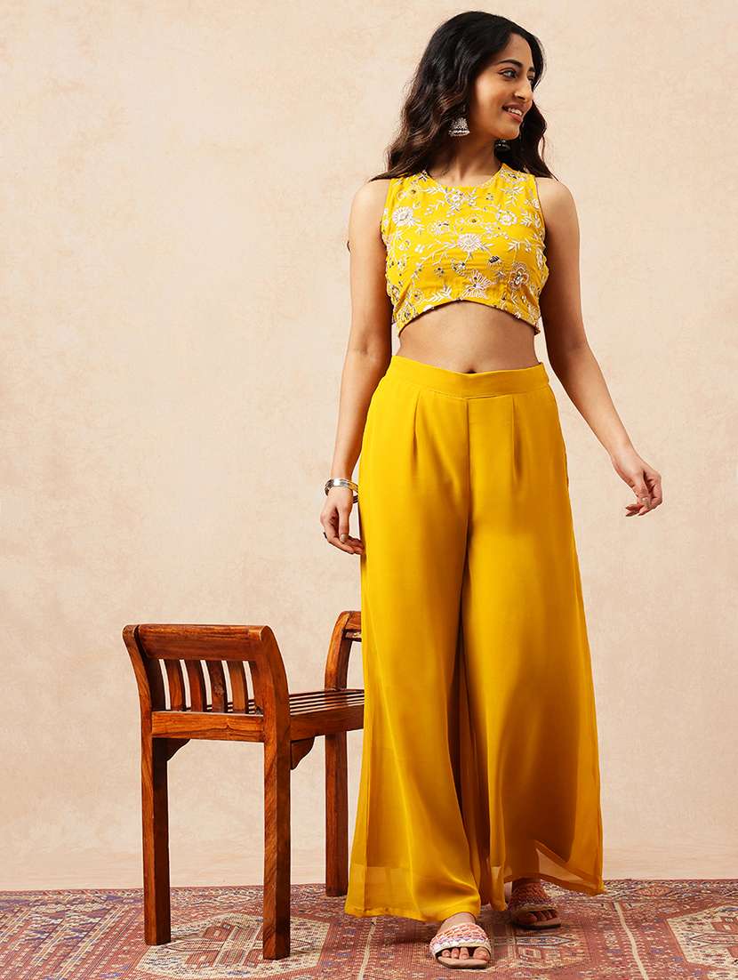 mustard yellow floral embroidered sleeveless cotton co-ord set