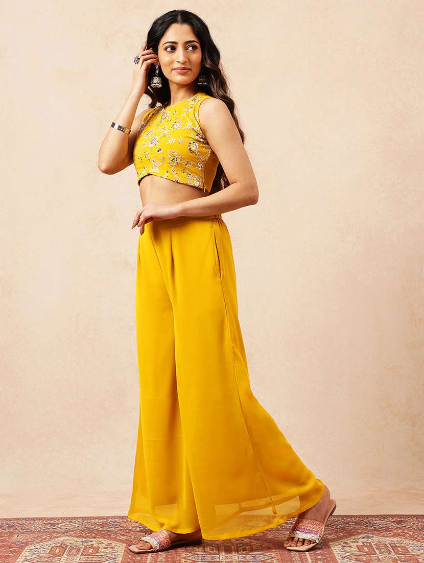 mustard yellow floral embroidered sleeveless cotton co-ord set - 22540606 -  Standard Image - 3