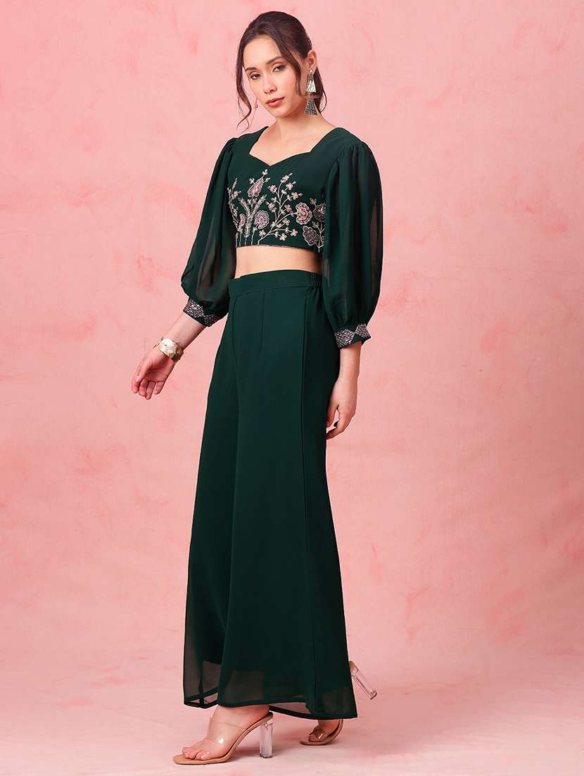 women embroidered bishop sleeves top and palazzo fusion set - 22540607 -  Standard Image - 3