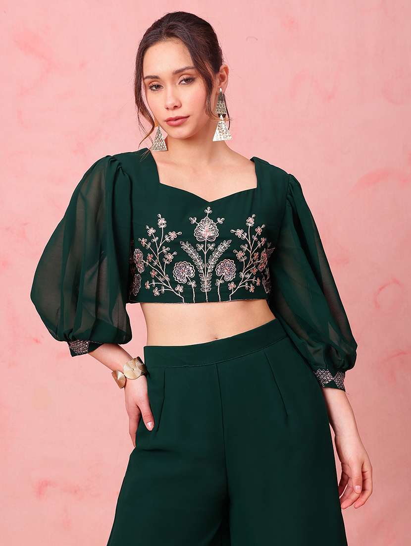 women embroidered bishop sleeves top and palazzo fusion set - 22540607 -  Standard Image - 5