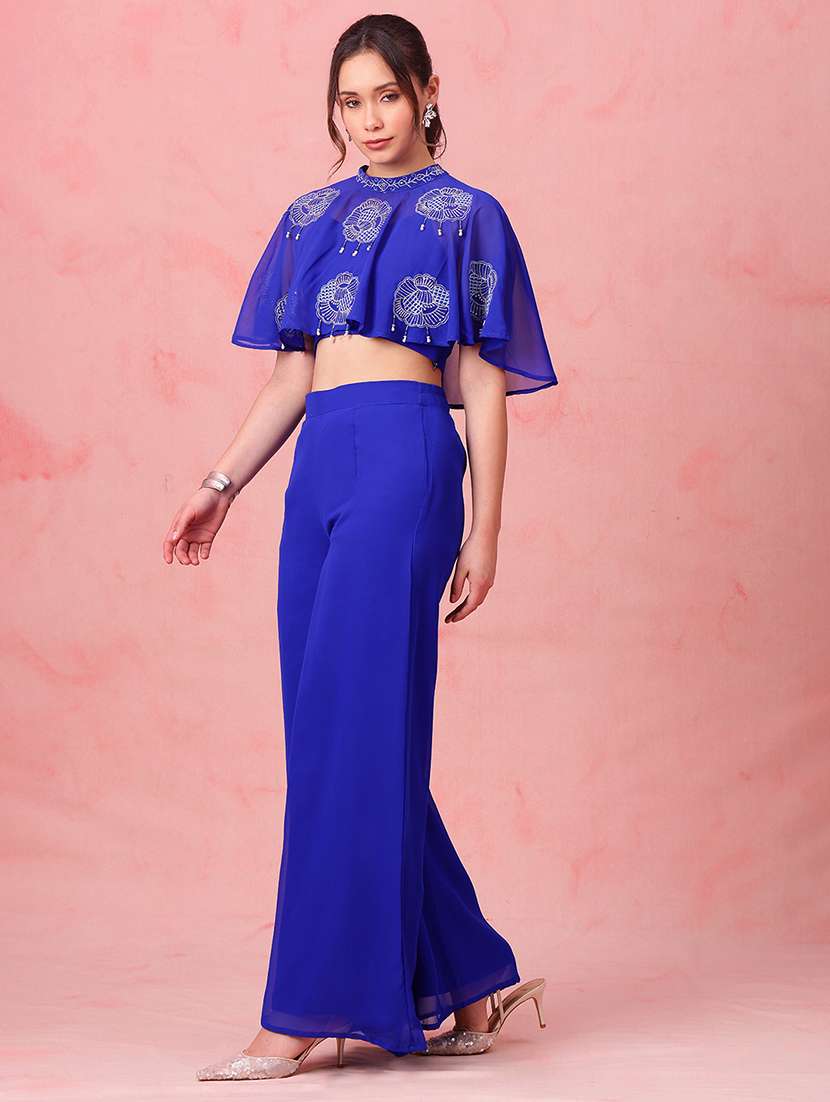 women embroidered mock neck top and palazzo fusion set - 22540608 -  Standard Image - 3