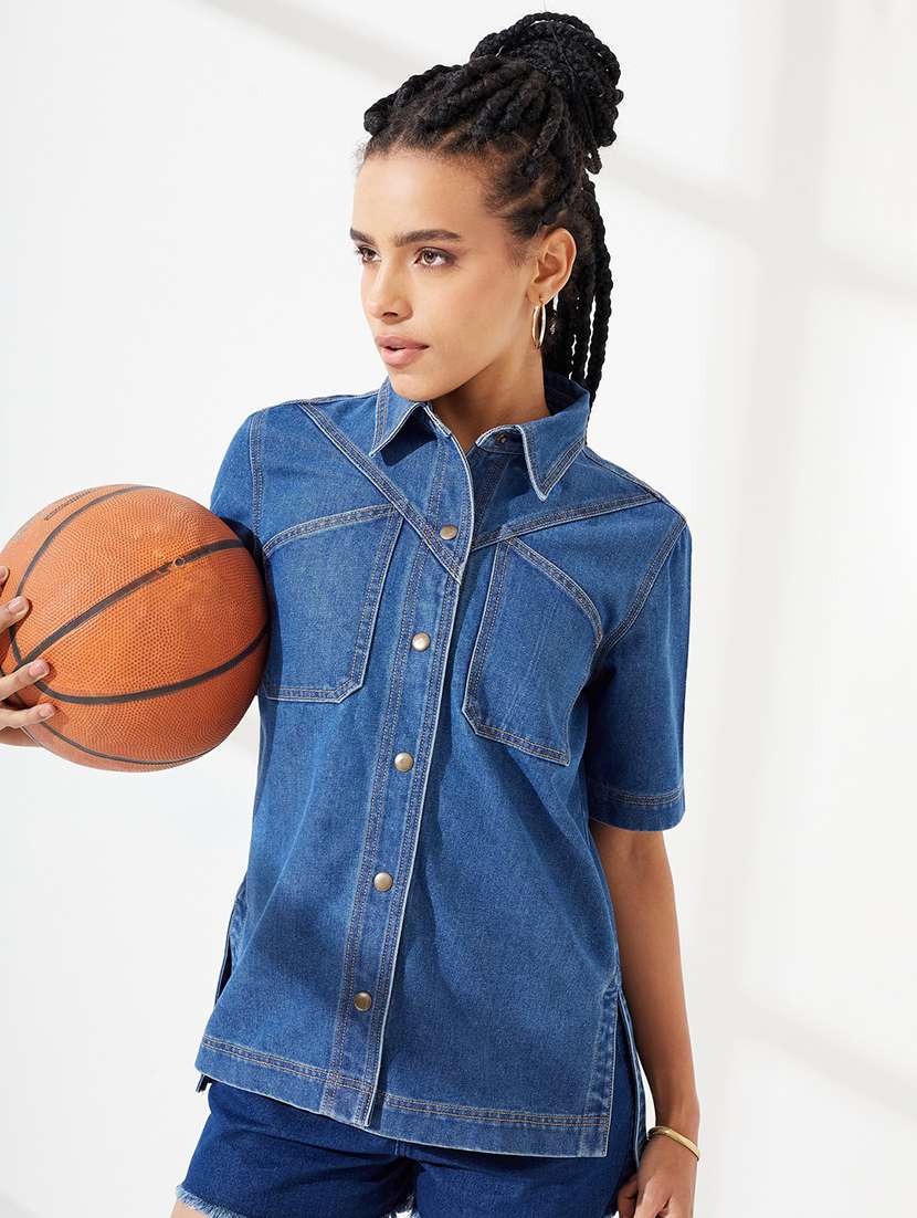 women solid short sleeves high low shirt