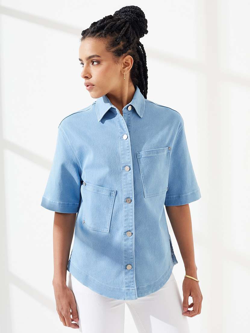 women solid collared regular shirt