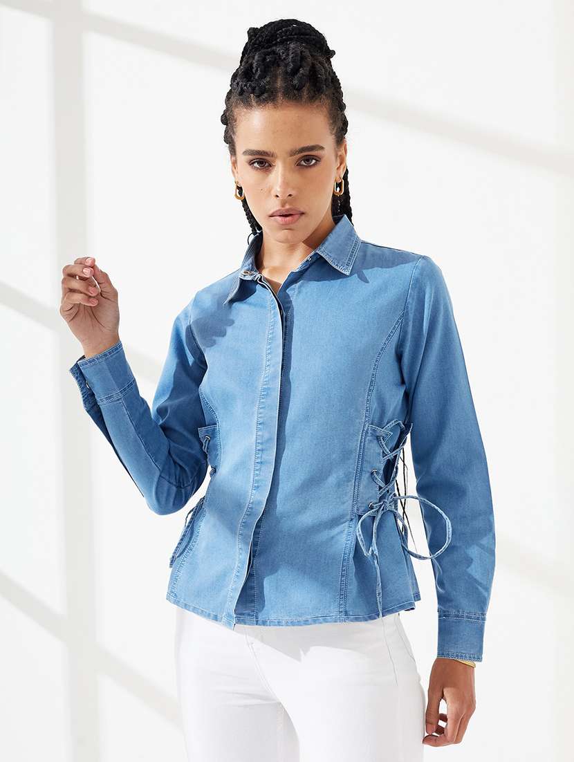 women solid collared slim fit shirt
