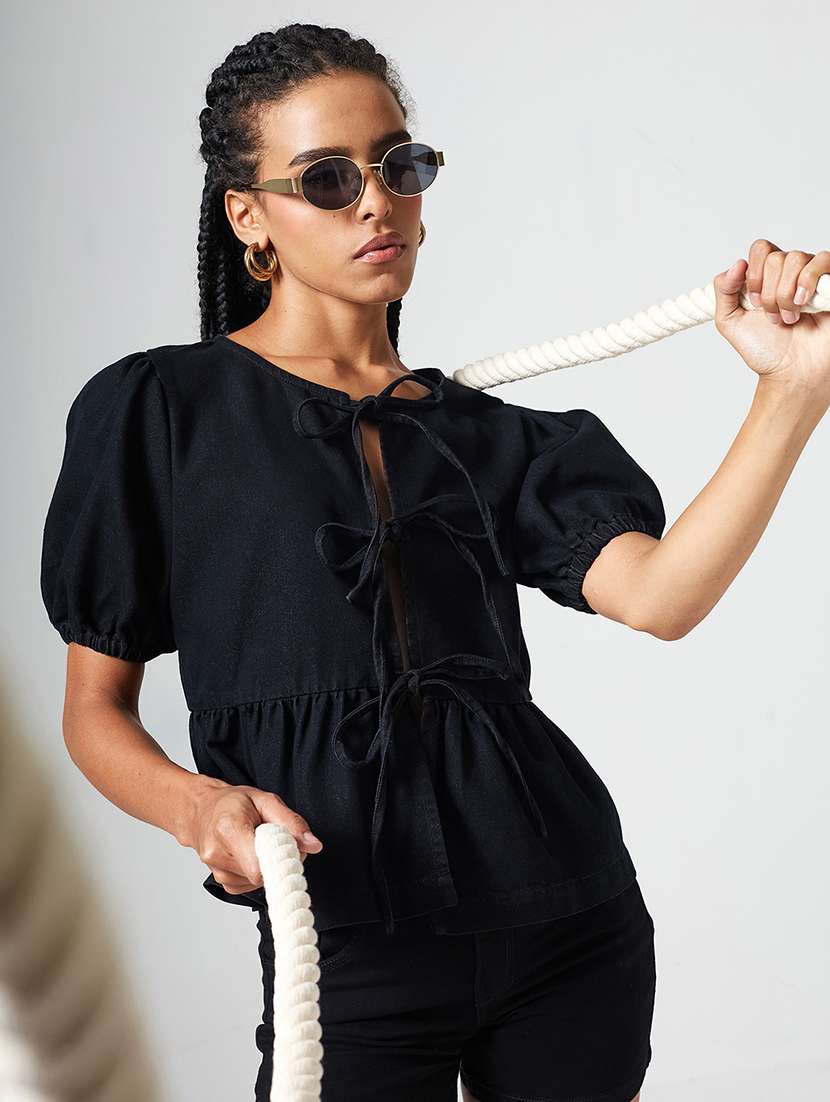 women solid puff sleeves tie up peplum top