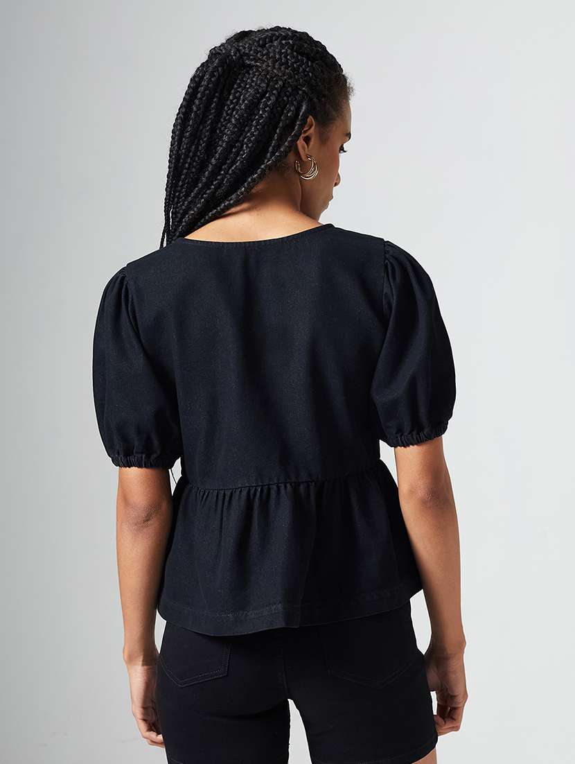 women solid puff sleeves tie up peplum top - 22540625 -  Standard Image - 3