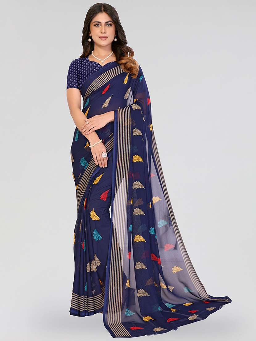 navy blue georgette printed saree with blouse