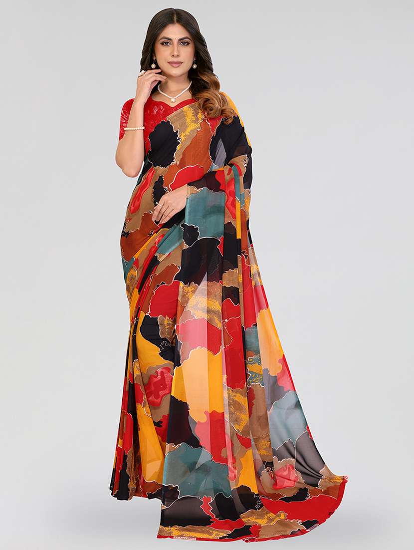 multi colored georgette printed saree with blouse