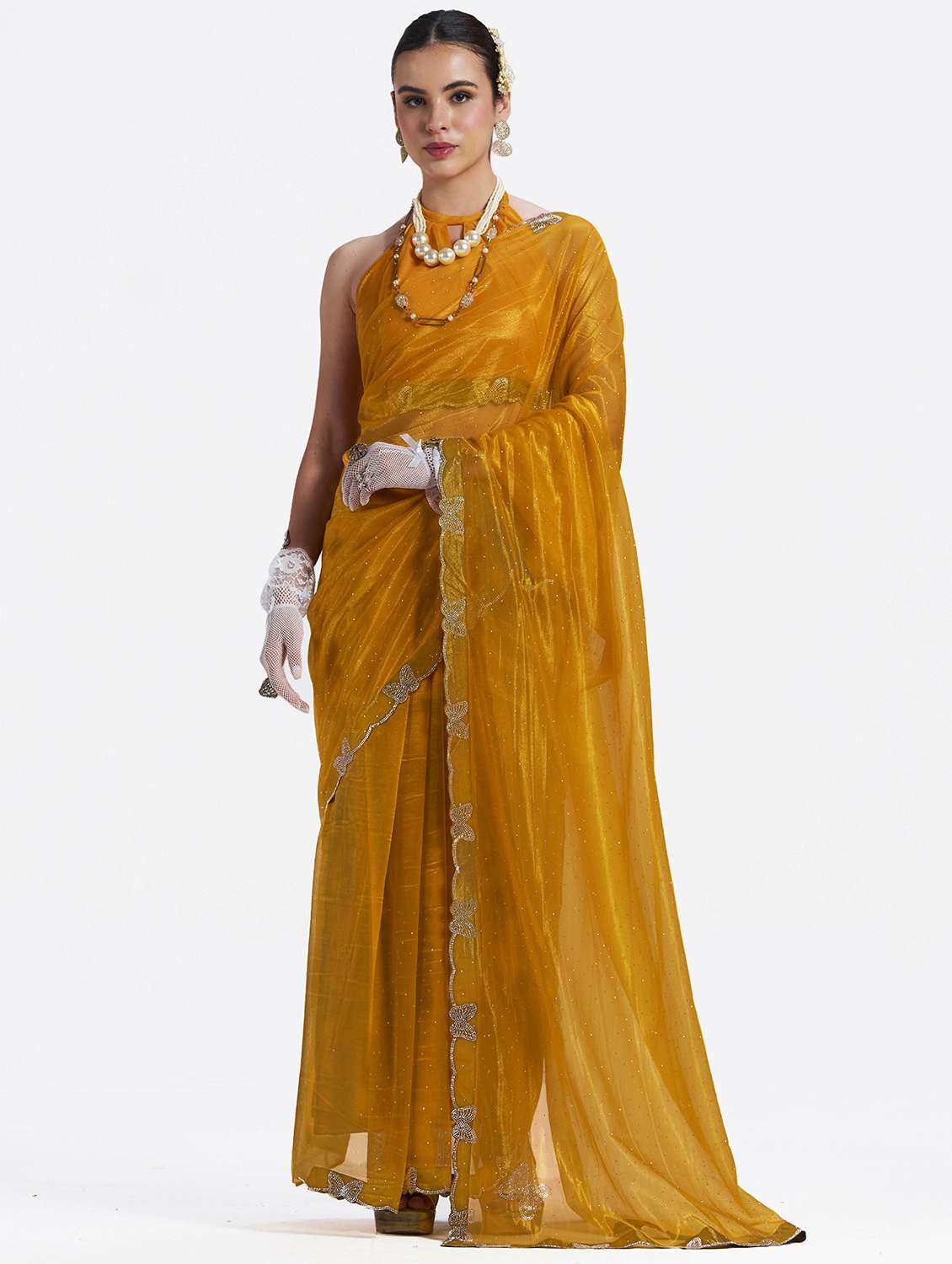 women solid with work embellished saree with blouse